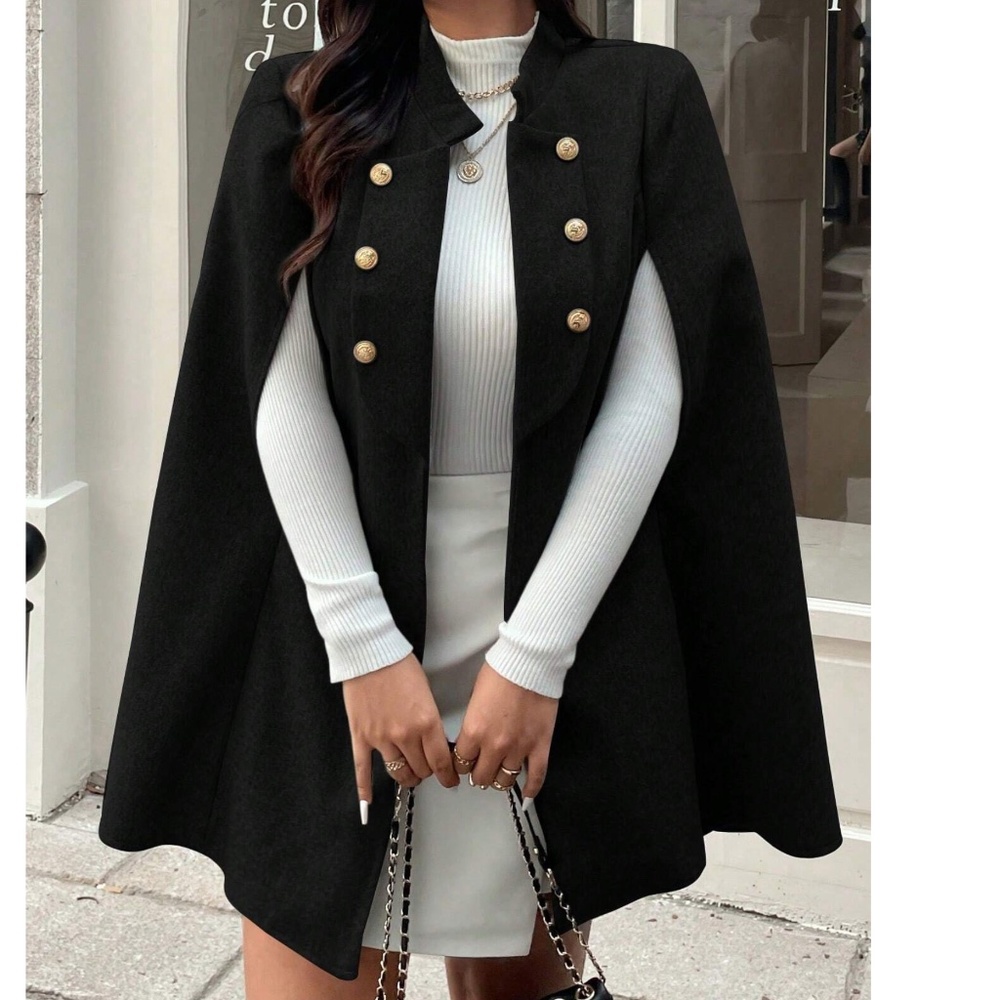 Plus Solid Button Detail Cape Jacket Coat - Picture 2 of 10